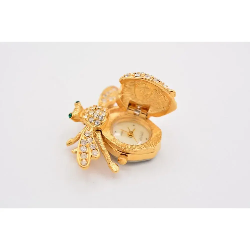 Joan Rivers Vintage Fly Watch Pin Brooch Rhinestone Crystal Gold Signed Bin5A